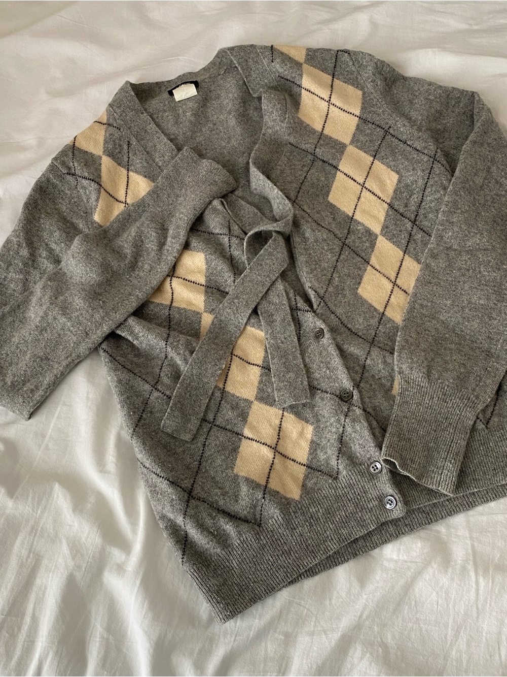 J-Crew Women's Gray Argyle Cardigan with Cream Diamond Pattern